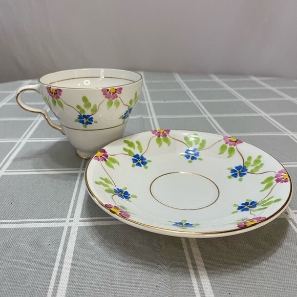 Vtg Bone China Taylor & Kent England Teacup & Saucer Gilded Pink Blue Flowers - Picture 5 of 8